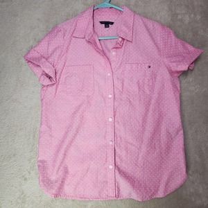 Tommy Hilfiger Women's Pink Polka Dot Short-Sleeve Button Down Shirt Size Medium